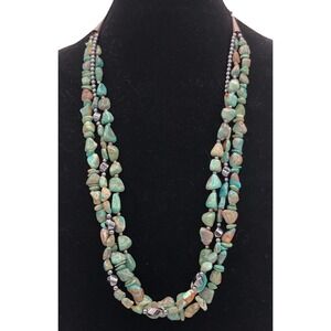 NATIVE SOUTHWEST Blue Green Turqoise Hematite Beaded NUGGET NECKLACE 149g 28”